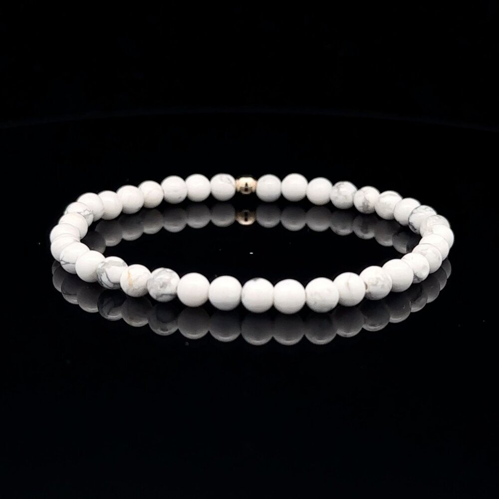 Gemstones Howlite Mini 4mm Stretchable Bracelet 14k Gold Bead Charm - Picture 4 of 5